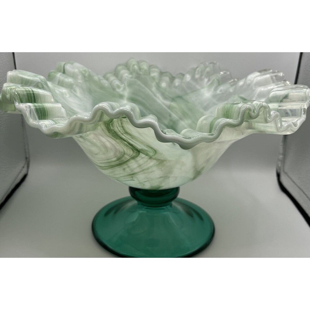 Venetian art glass compost pedestal bold with wide ruffled edge, green and white